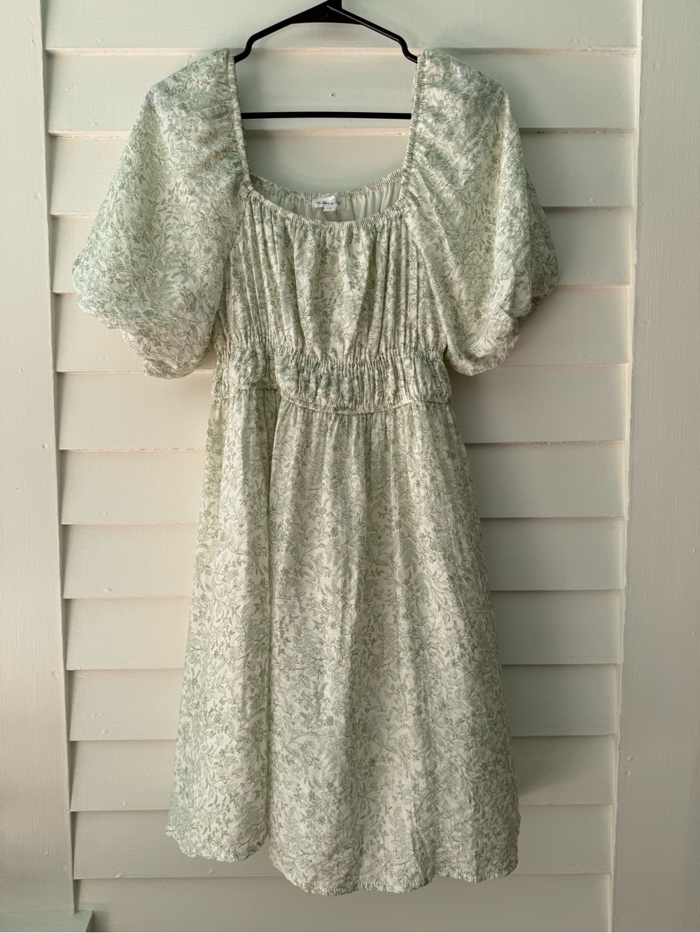 By the River | Sage Green Floral Puff Sleeve Smocked Mini Dress Size L